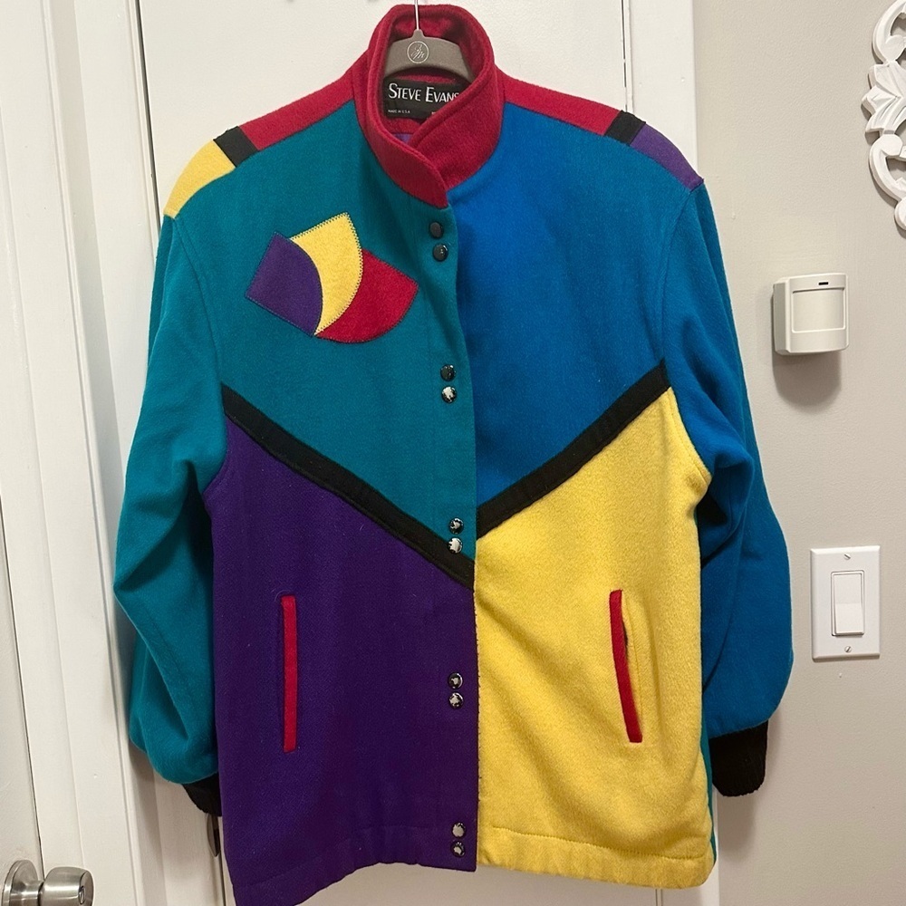 Vintage Steve Evans Wool Color Block Pinwheel Coat XL/XXL Vibrant Cool Fun USA